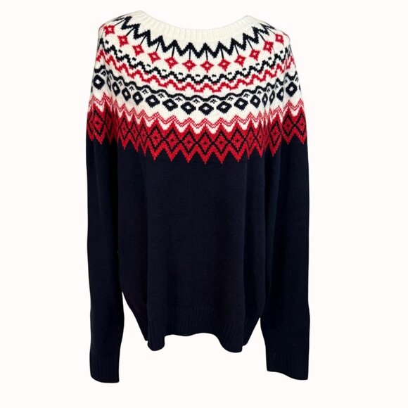 Fair Isle Navy Sweater Mens Large Knit Cozy Warm Cabin Core Pullover Classic Ski - Picture 2 of 14
